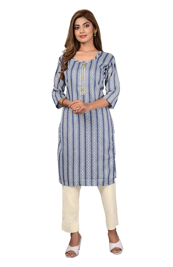 Blue_Trendy_Cotton_Printed_3/4_Sleeve_Ethnic_Wear_Round_Neck_Casual_Straight_Kurta/Kurti_For_Women