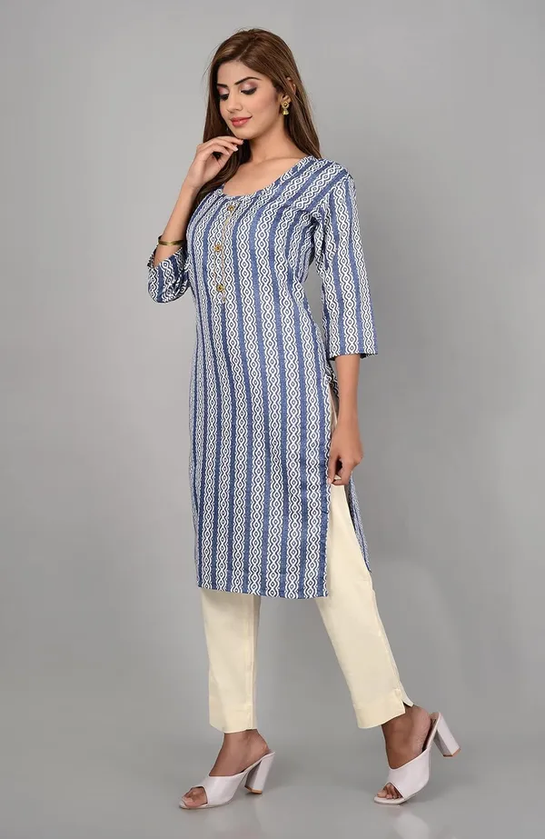 Blue_Trendy_Cotton_Printed_3/4_Sleeve_Ethnic_Wear_Round_Neck_Casual_Straight_Kurta/Kurti_For_Women