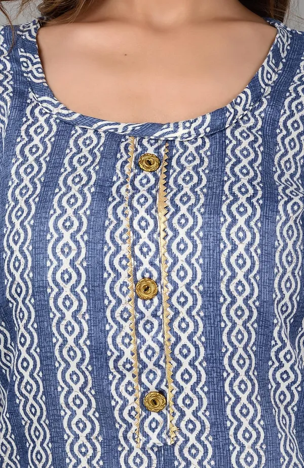 Blue_Trendy_Cotton_Printed_3/4_Sleeve_Ethnic_Wear_Round_Neck_Casual_Straight_Kurta/Kurti_For_Women