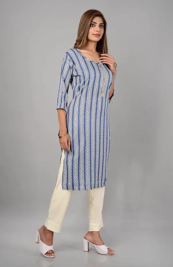 Blue_Trendy_Cotton_Printed_3/4_Sleeve_Ethnic_Wear_Round_Neck_Casual_Straight_Kurta/Kurti_For_Women