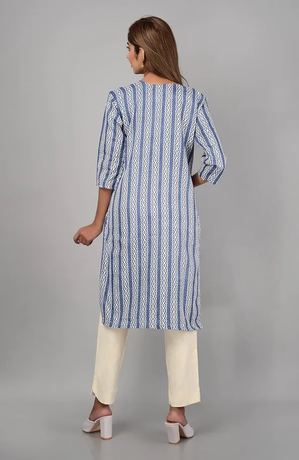 Blue_Trendy_Cotton_Printed_3/4_Sleeve_Ethnic_Wear_Round_Neck_Casual_Straight_Kurta/Kurti_For_Women