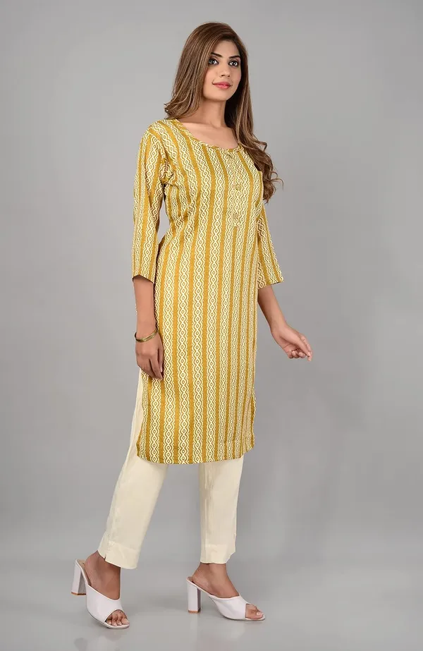 Yellow_Trendy_Cotton_Printed_3/4_Sleeve_Ethnic_Wear_Round_Neck_Casual_Straight_Kurta/Kurti_For_Women