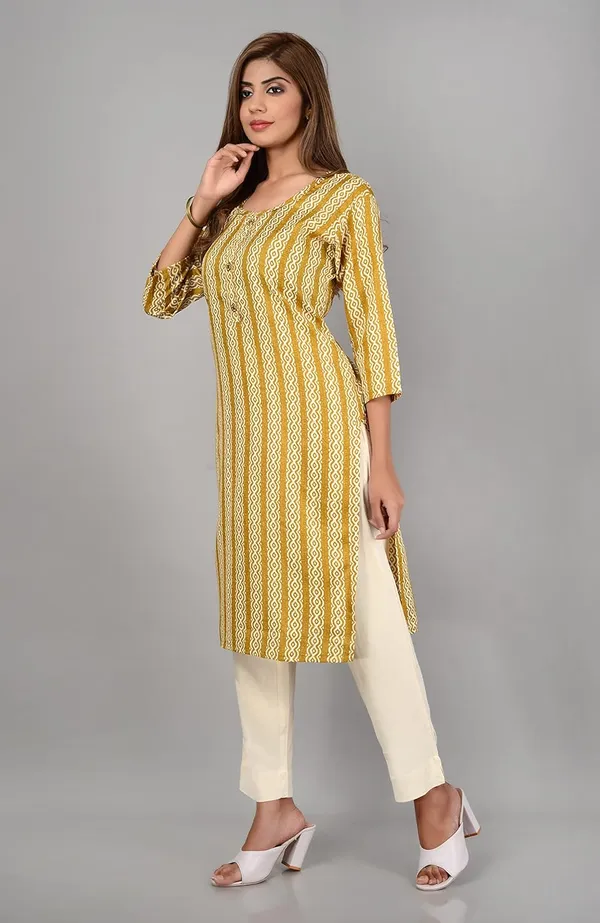 Yellow_Trendy_Cotton_Printed_3/4_Sleeve_Ethnic_Wear_Round_Neck_Casual_Straight_Kurta/Kurti_For_Women