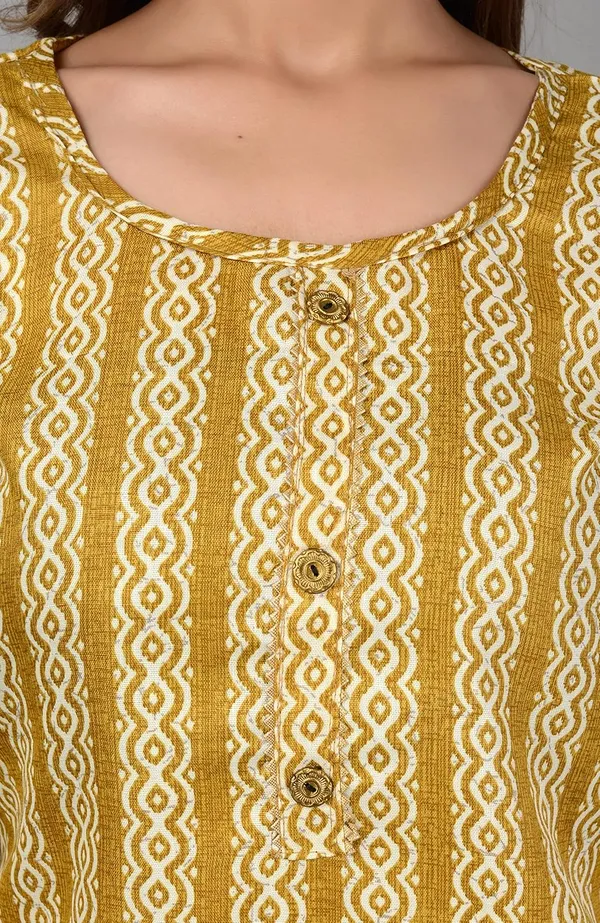 Yellow_Trendy_Cotton_Printed_3/4_Sleeve_Ethnic_Wear_Round_Neck_Casual_Straight_Kurta/Kurti_For_Women