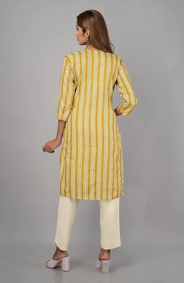 Yellow_Trendy_Cotton_Printed_3/4_Sleeve_Ethnic_Wear_Round_Neck_Casual_Straight_Kurta/Kurti_For_Women