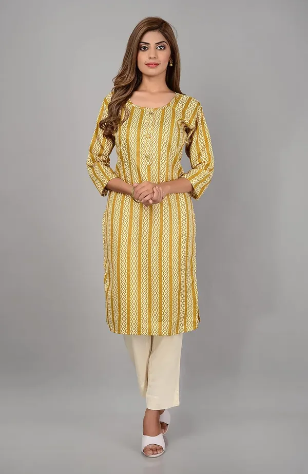 Yellow_Trendy_Cotton_Printed_3/4_Sleeve_Ethnic_Wear_Round_Neck_Casual_Straight_Kurta/Kurti_For_Women