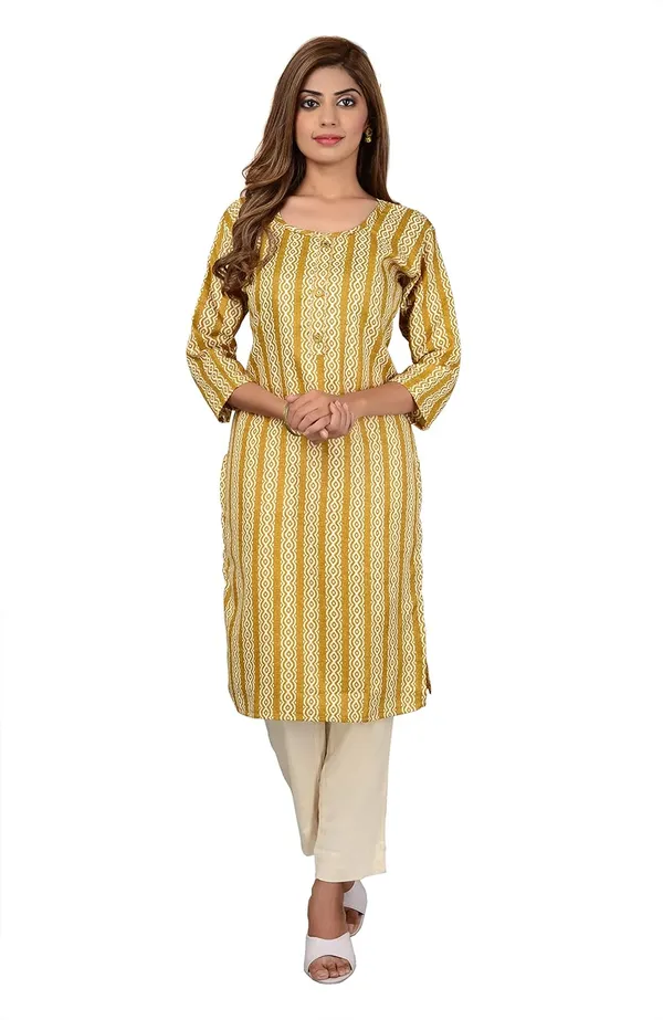 Yellow_Trendy_Cotton_Printed_3/4_Sleeve_Ethnic_Wear_Round_Neck_Casual_Straight_Kurta/Kurti_For_Women