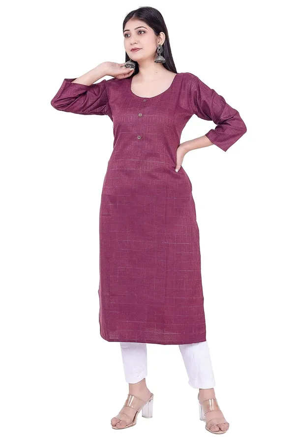 Wine_Ethnic_Jacquard_Rayon_Round_Neck_3/4_Sleeves_Kurti_(Wine)_For_Women