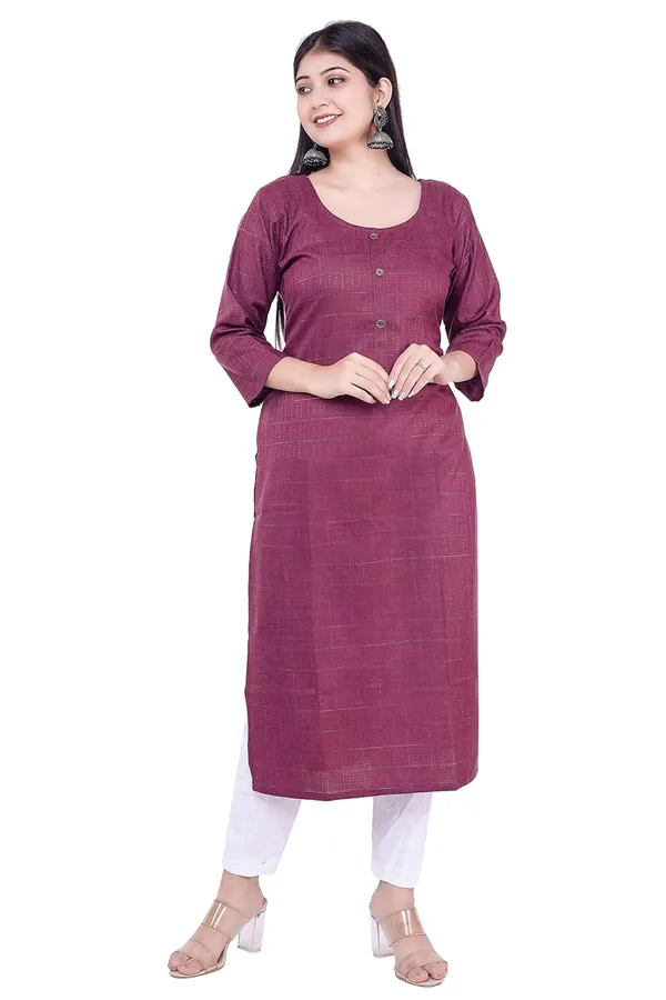 Wine_Ethnic_Jacquard_Rayon_Round_Neck_3/4_Sleeves_Kurti_(Wine)_For_Women