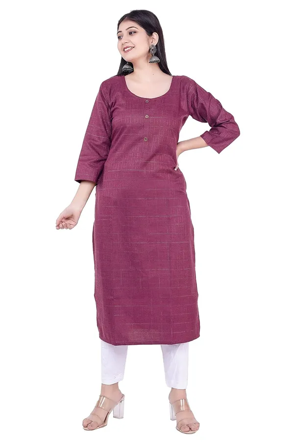 Wine_Ethnic_Jacquard_Rayon_Round_Neck_3/4_Sleeves_Kurti_(Wine)_For_Women