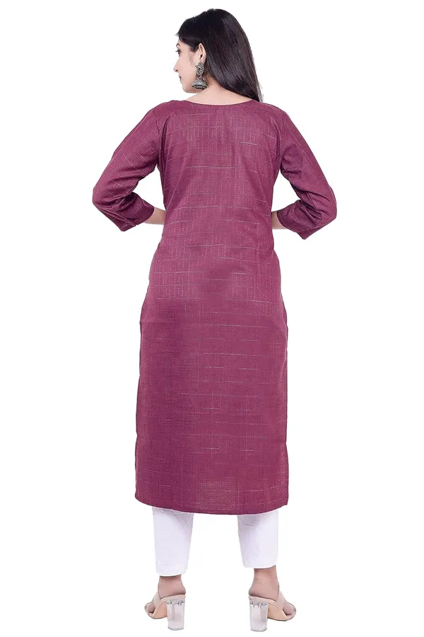 Wine_Ethnic_Jacquard_Rayon_Round_Neck_3/4_Sleeves_Kurti_(Wine)_For_Women