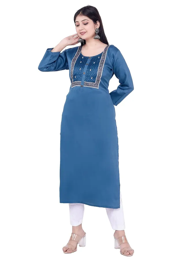 Dark_Blue_New_Yoke_Jacquard_Rayon_Kurti_For_Women