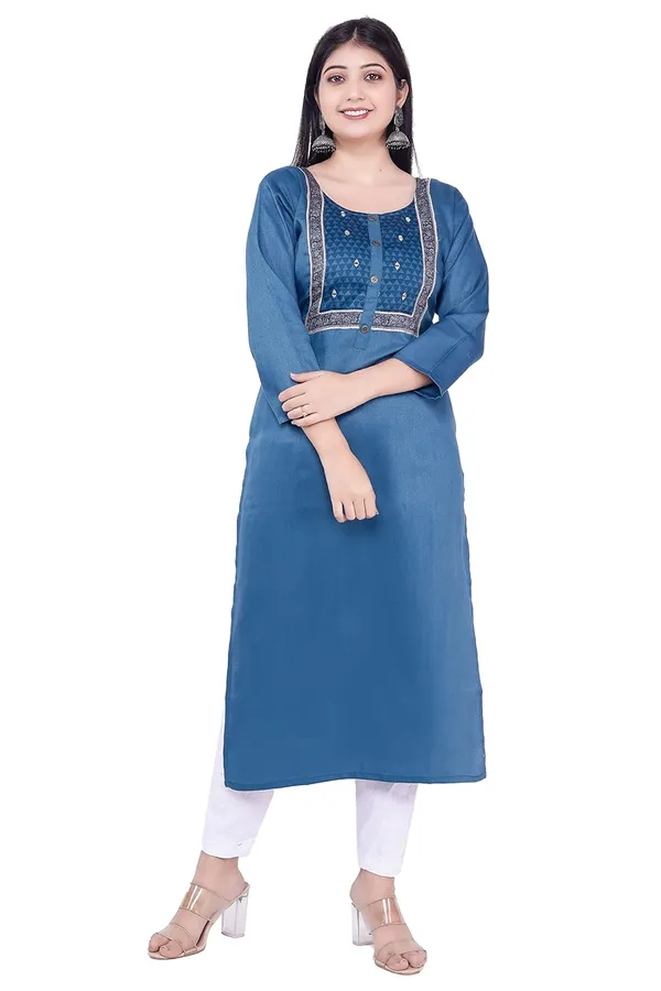 Dark_Blue_New_Yoke_Jacquard_Rayon_Kurti_For_Women