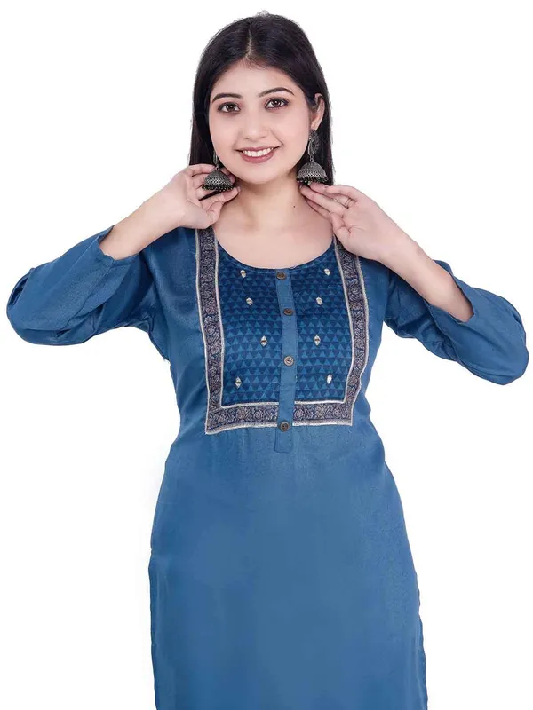 Dark_Blue_New_Yoke_Jacquard_Rayon_Kurti_For_Women