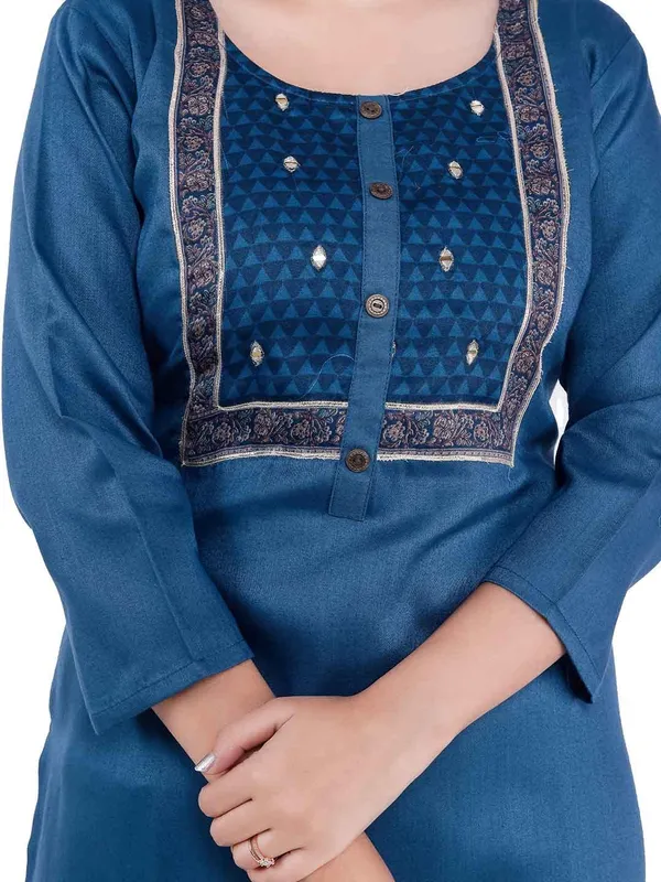 Dark_Blue_New_Yoke_Jacquard_Rayon_Kurti_For_Women