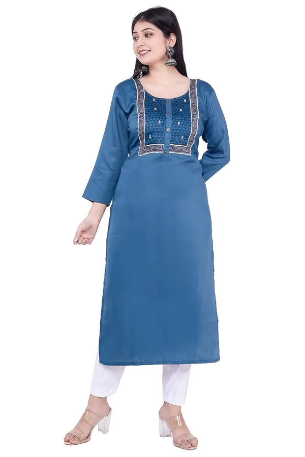 Dark_Blue_New_Yoke_Jacquard_Rayon_Kurti_For_Women