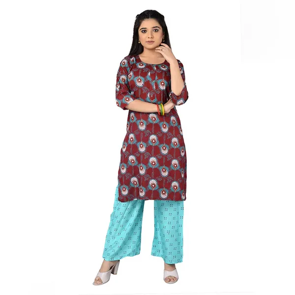 Multicolor_Latest_Stylish_Trendy_Rayon_Round_Neck_3/4_Sleeved_Straight_Kurti/Kurta_&_Pant_Set_For_Women