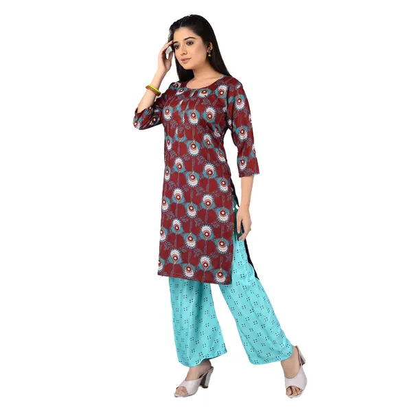 Multicolor_Latest_Stylish_Trendy_Rayon_Round_Neck_3/4_Sleeved_Straight_Kurti/Kurta_&_Pant_Set_For_Women