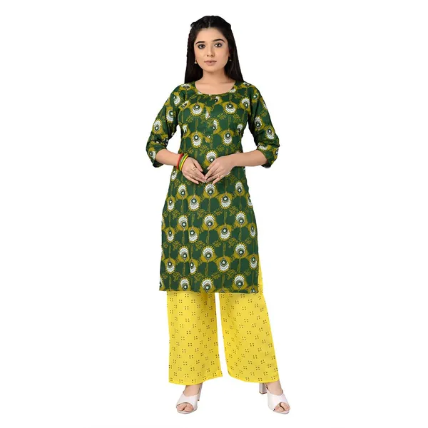 Multicolor_Latest_Stylish_Trendy_Rayon_Round_Neck_3/4_Sleeved_Straight_Kurti/Kurta_&_Pant_Set_For_Women