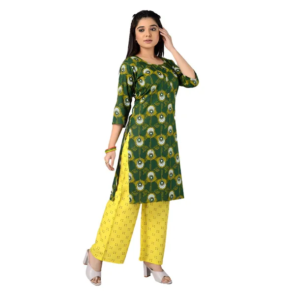 Multicolor_Latest_Stylish_Trendy_Rayon_Round_Neck_3/4_Sleeved_Straight_Kurti/Kurta_&_Pant_Set_For_Women