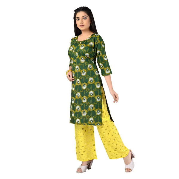 Multicolor_Latest_Stylish_Trendy_Rayon_Round_Neck_3/4_Sleeved_Straight_Kurti/Kurta_&_Pant_Set_For_Women