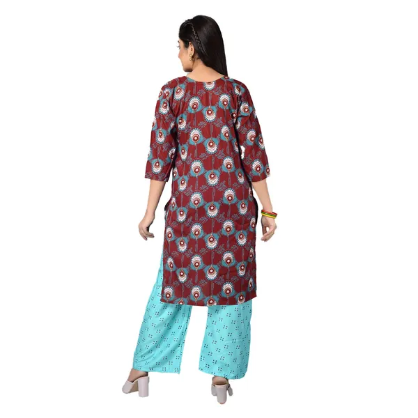 Multicolor_Trendy_Rayon_Round_Neck_3/4_Sleeved_Straight_Kurti/Kurta_&_Pant_Set_For_Women