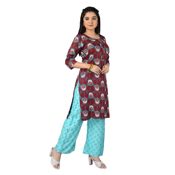 Multicolor_Trendy_Rayon_Round_Neck_3/4_Sleeved_Straight_Kurti/Kurta_&_Pant_Set_For_Women