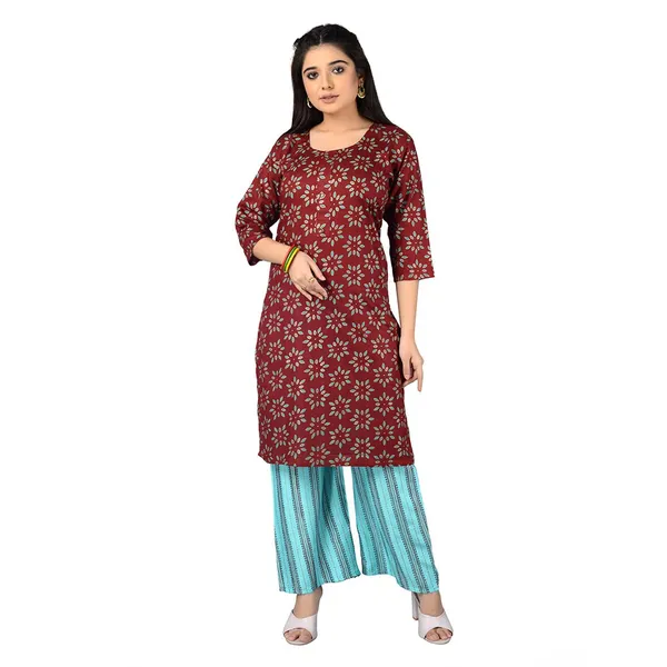 Multicolor_Trendy_Rayon_Round_Neck_3/4_Sleeved_Straight_Kurti/Kurta_&_Pant_Set_For_Women
