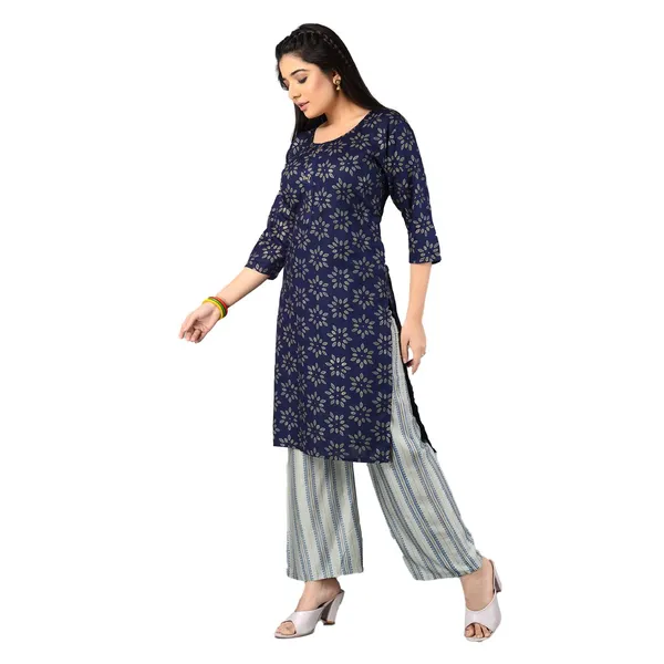 Multicolor_Trendy_Rayon_Round_Neck_3/4_Sleeved_Straight_Kurti/Kurta_&_Pant_Set_For_Women