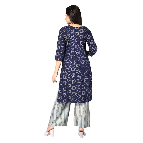 Multicolor_Trendy_Rayon_Round_Neck_3/4_Sleeved_Straight_Kurti/Kurta_&_Pant_Set_For_Women