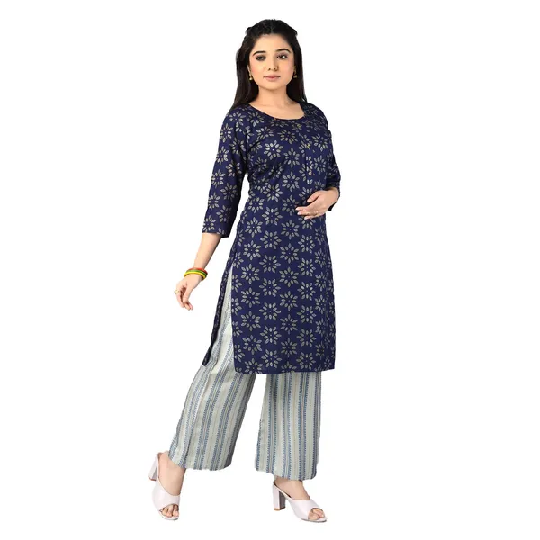 Multicolor_Trendy_Rayon_Round_Neck_3/4_Sleeved_Straight_Kurti/Kurta_&_Pant_Set_For_Women