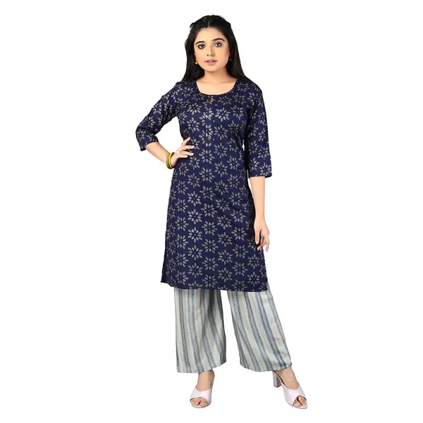 Multicolor_Trendy_Rayon_Round_Neck_3/4_Sleeved_Straight_Kurti/Kurta_&_Pant_Set_For_Women