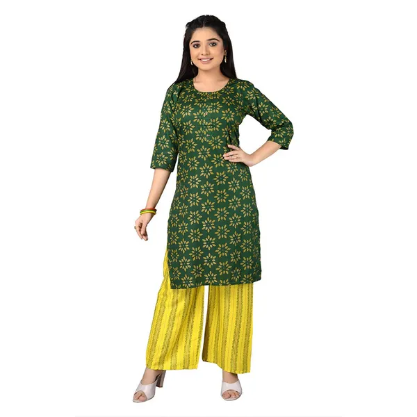 Multicolor_Trendy_Rayon_Round_Neck_3/4_Sleeved_Straight_Kurti/Kurta_&_Pant_Set_For_Women