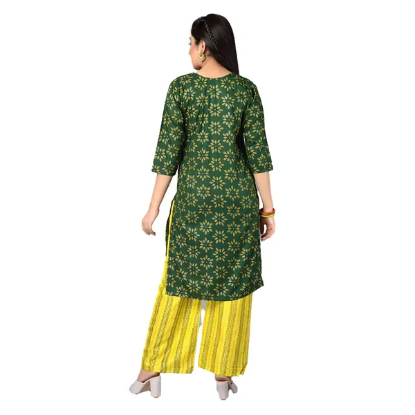 Multicolor_Trendy_Rayon_Round_Neck_3/4_Sleeved_Straight_Kurti/Kurta_&_Pant_Set_For_Women