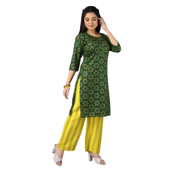 Multicolor_Trendy_Rayon_Round_Neck_3/4_Sleeved_Straight_Kurti/Kurta_&_Pant_Set_For_Women