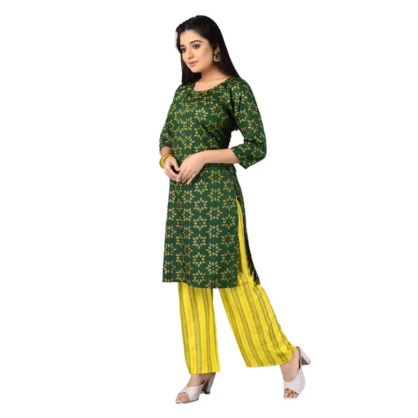 Multicolor_Trendy_Rayon_Round_Neck_3/4_Sleeved_Straight_Kurti/Kurta_&_Pant_Set_For_Women