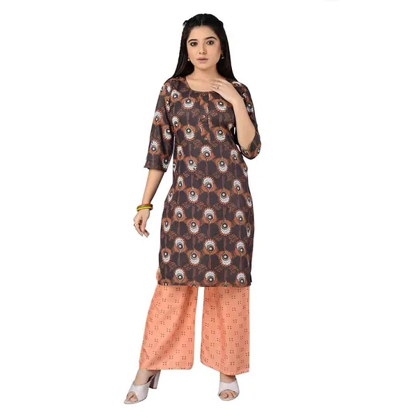 Multicolor_Latest_Stylish_Trendy_Rayon_Round_Neck_3/4_Sleeved_Straight_Kurti/Kurta_&_Pant_Set_For_Women