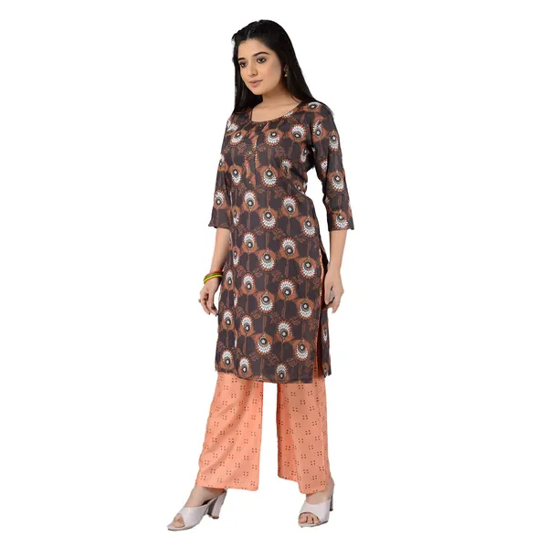 Multicolor_Latest_Stylish_Trendy_Rayon_Round_Neck_3/4_Sleeved_Straight_Kurti/Kurta_&_Pant_Set_For_Women