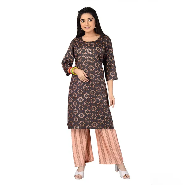 Multicolor_Trendy_Rayon_Round_Neck_3/4_Sleeved_Straight_Kurti/Kurta_&_Pant_Set_For_Women