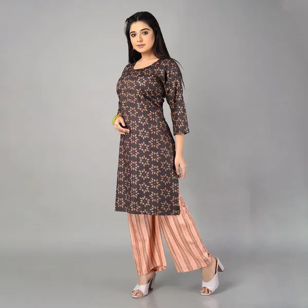 Multicolor_Trendy_Rayon_Round_Neck_3/4_Sleeved_Straight_Kurti/Kurta_&_Pant_Set_For_Women