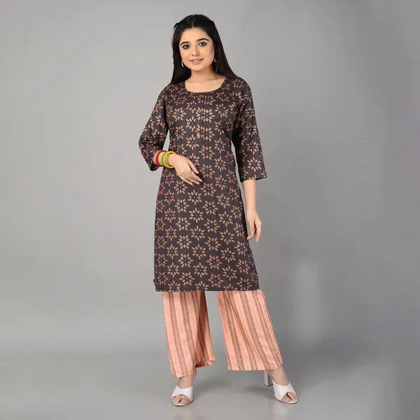Multicolor_Trendy_Rayon_Round_Neck_3/4_Sleeved_Straight_Kurti/Kurta_&_Pant_Set_For_Women