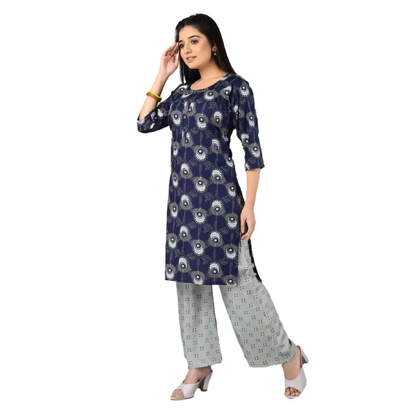 Multicolor_Latest_Stylish_Trendy_Rayon_Round_Neck_3/4_Sleeved_Straight_Kurti/Kurta_&_Pant_Set_For_Women