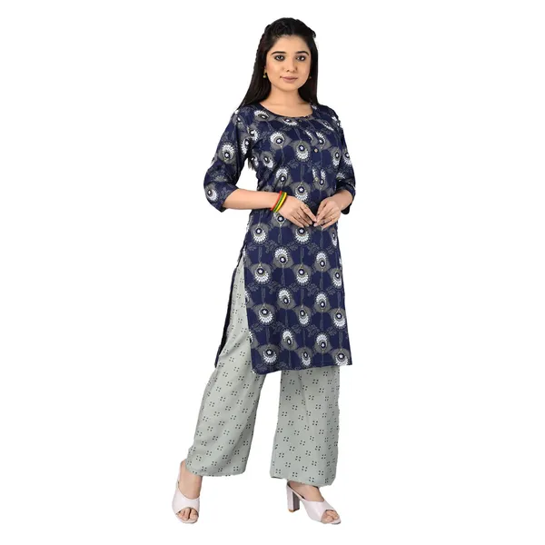 Multicolor_Latest_Stylish_Trendy_Rayon_Round_Neck_3/4_Sleeved_Straight_Kurti/Kurta_&_Pant_Set_For_Women
