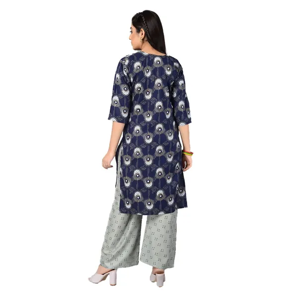 Multicolor_Latest_Stylish_Trendy_Rayon_Round_Neck_3/4_Sleeved_Straight_Kurti/Kurta_&_Pant_Set_For_Women