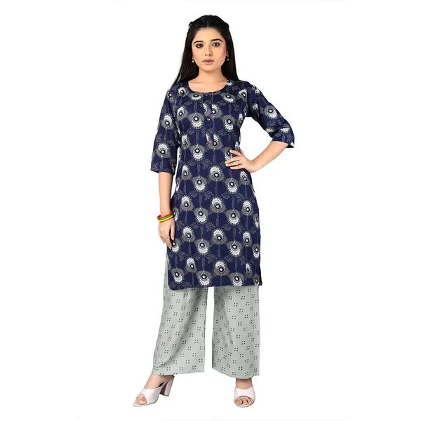 Multicolor_Latest_Stylish_Trendy_Rayon_Round_Neck_3/4_Sleeved_Straight_Kurti/Kurta_&_Pant_Set_For_Women