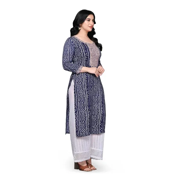 Navy_Blue_Ethnic_Designer_Rayon_Bandhani_Printed_With_Zari_Work_Straight_Fit_A-Line_Long_Kurta_For_Women