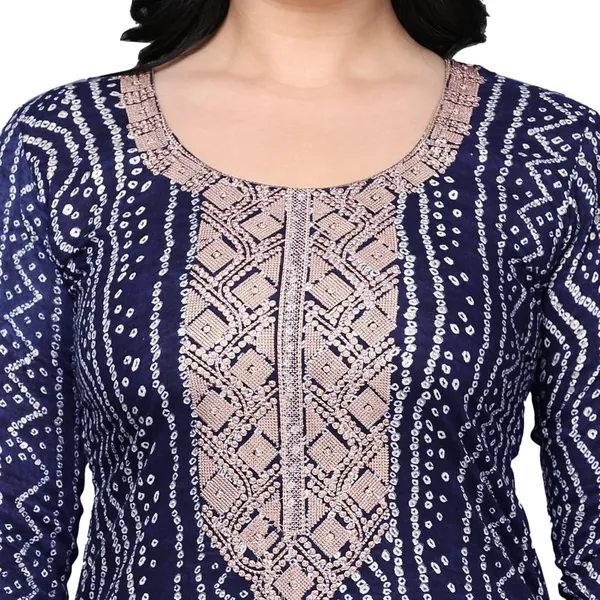 Navy_Blue_Ethnic_Designer_Rayon_Bandhani_Printed_With_Zari_Work_Straight_Fit_A-Line_Long_Kurta_For_Women