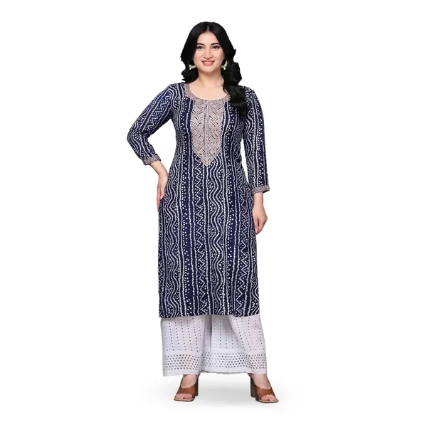Navy_Blue_Ethnic_Designer_Rayon_Bandhani_Printed_With_Zari_Work_Straight_Fit_A-Line_Long_Kurta_For_Women