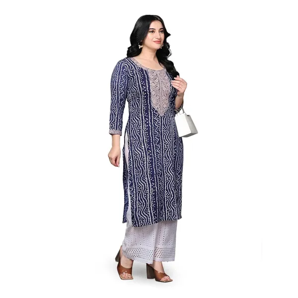 Navy_Blue_Ethnic_Designer_Rayon_Bandhani_Printed_With_Zari_Work_Straight_Fit_A-Line_Long_Kurta_For_Women