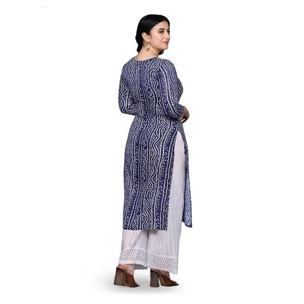 Navy_Blue_Ethnic_Designer_Rayon_Bandhani_Printed_With_Zari_Work_Straight_Fit_A-Line_Long_Kurta_For_Women